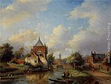 Jan Jacob Coenraad Spohler Famous Paintings - A Summer Landscape with Figures Along the Riverside